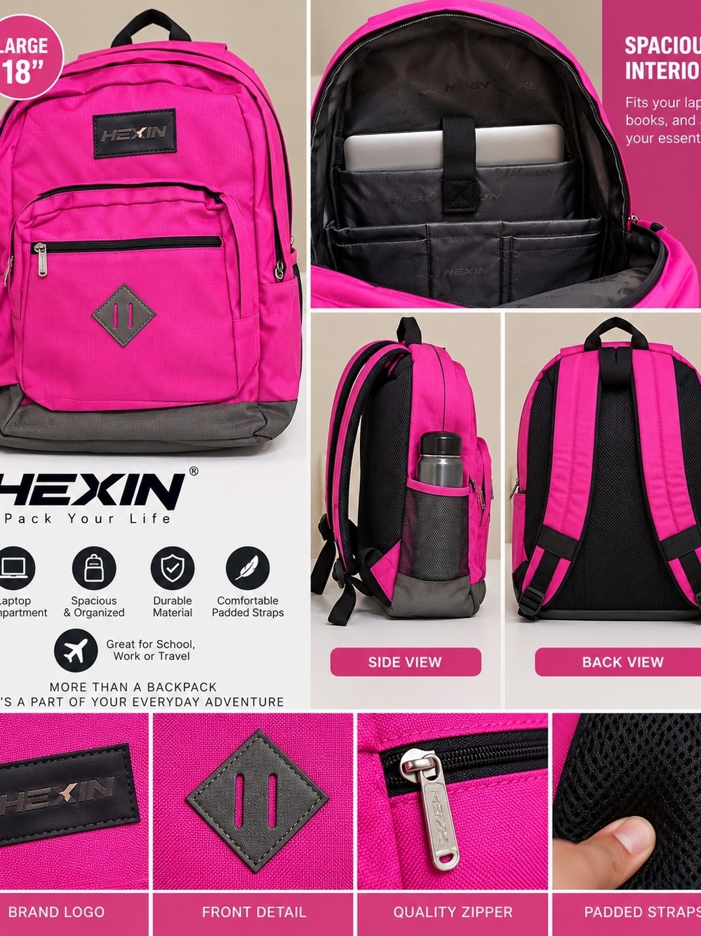 Women's Backpack in Bright Pink with Gray Base